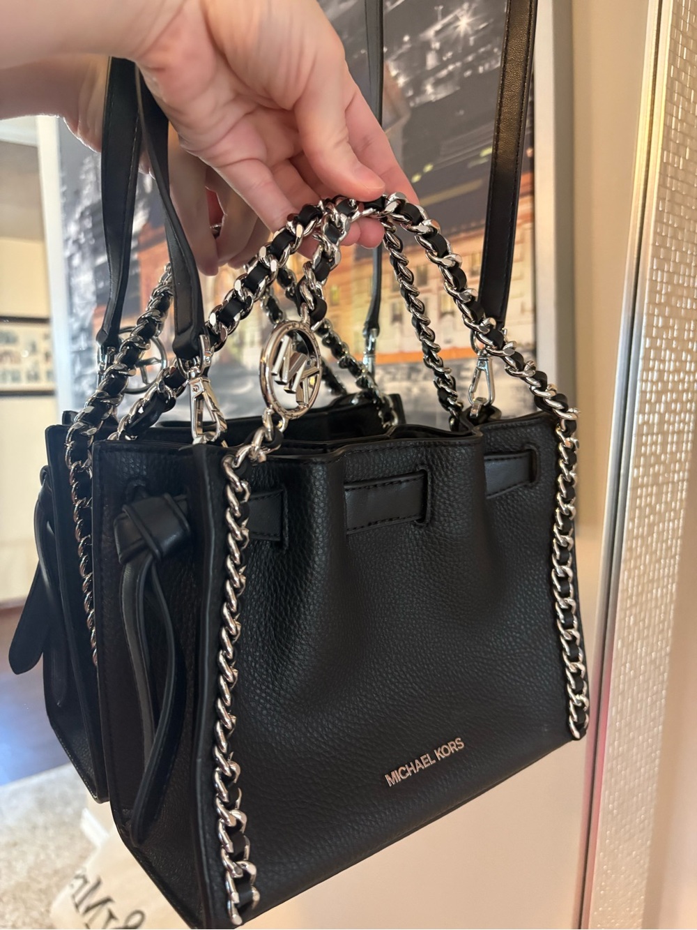 Michael Kors Black Leather Mini Shoulder Bag with Silver Chain Detail - Picture 5 of 7